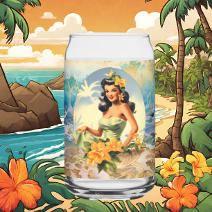 Cute Hawaii beach Retro lady beach house Can Glass