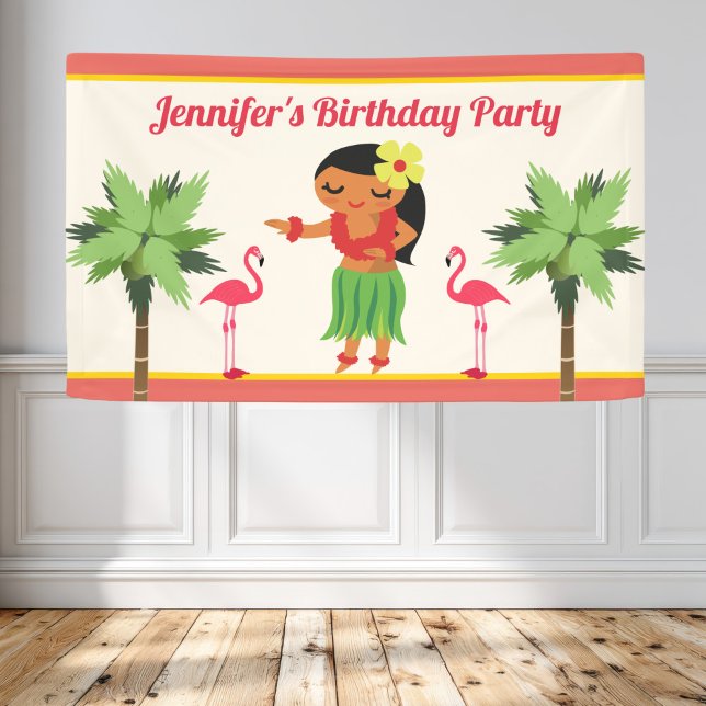 Cute Hawaiian Hula Girl Luau Birthday Party Banner (Creator Uploaded)
