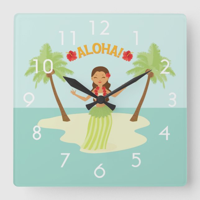 Cute Hawaiian Hula Girl Luau Clock w/ Numbers (Front)