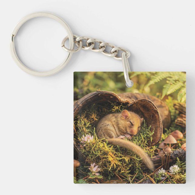 Cute Hazel Dormouse Sleeping Inside a Leather Boot Key Ring (Front)
