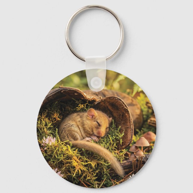 Cute Hazel Dormouse Sleeping Inside a Leather Boot Key Ring (Front)