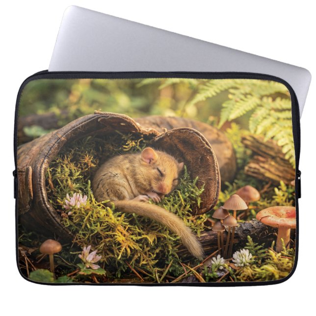 Cute Hazel Dormouse Sleeping Inside a Leather Boot Laptop Sleeve (Front)