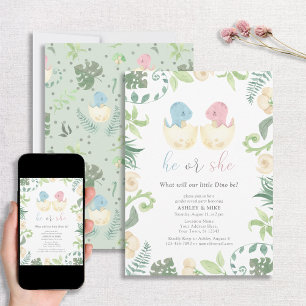 Cute He or She Dinosaur Gender Reveal Jungle Invitation