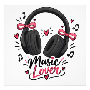 Cute Headphones Music Lover Poster Pink Hearts M
