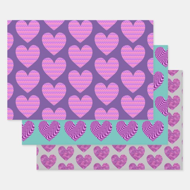 Cute Heart Art Purple and Pinks Love  Wrapping Paper Sheet (Set)