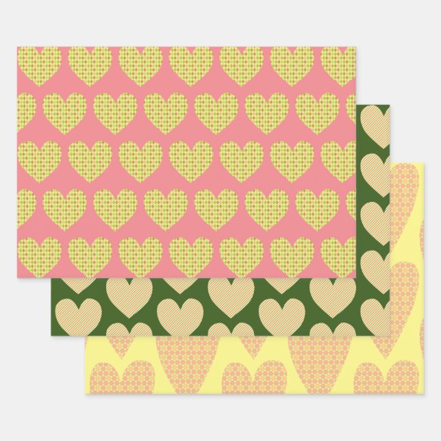 Cute Heart Art Yellow Colourful Pattern Wrapping Paper Sheet (Set)