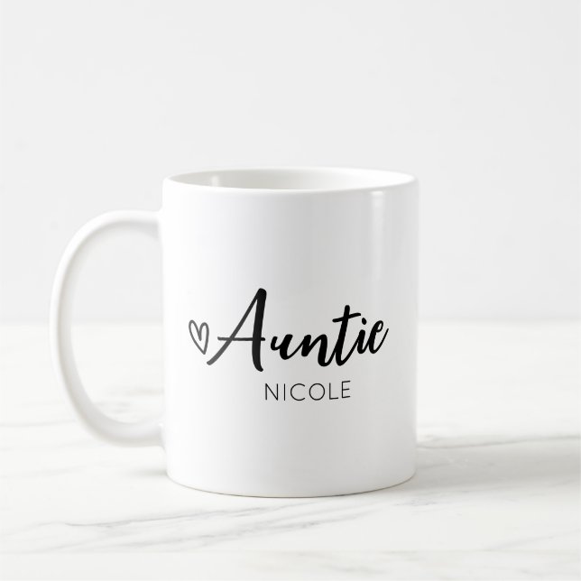 Cute Heart Auntie Personalised Black White Coffee Mug (Left)