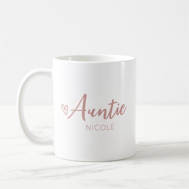 Cute Heart Auntie Personalised Pink Taupe Coffee Mug (Left)