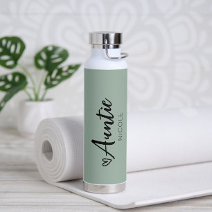 Cute Heart Auntie Personalised Sage Green Water Bottle