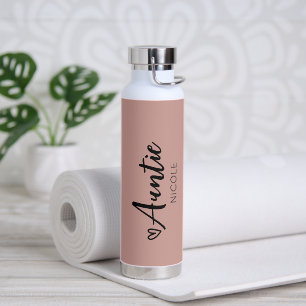 Cute Heart Auntie Personalized Pink Taupe Water Bottle
