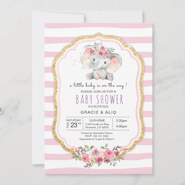 Cute Heart Baby Elephant Girl baby shower  Invitation (Front)
