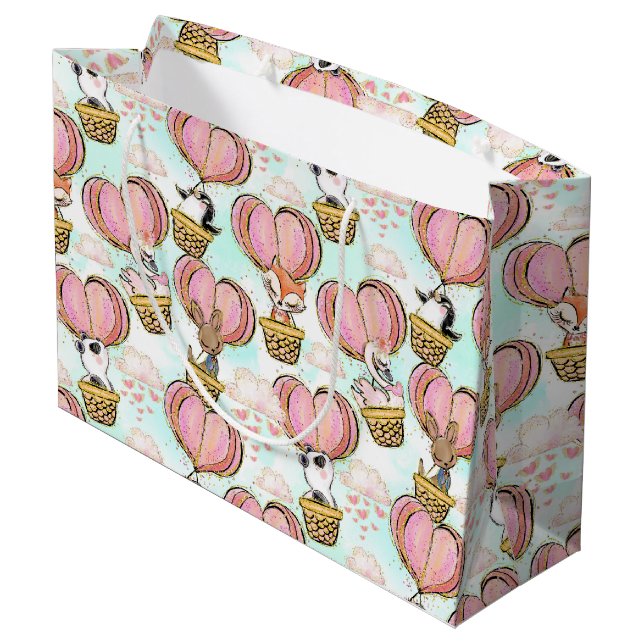 Cute Heart Balloon Valentines Animals In Love Large Gift Bag (Back Angled)