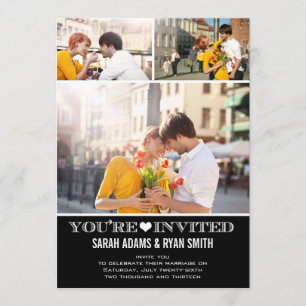 Cute Heart Black Wedding Three Photo Invitation