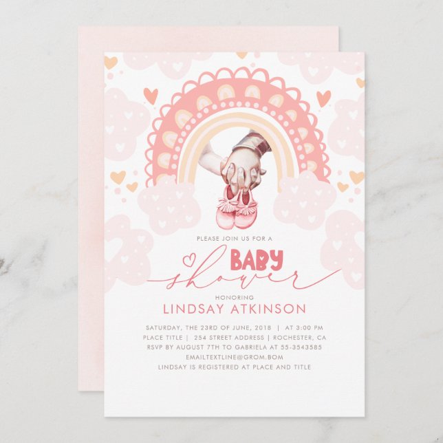 Cute Heart Boho Rainbow Pink Baby Shower Invitation (Front/Back)