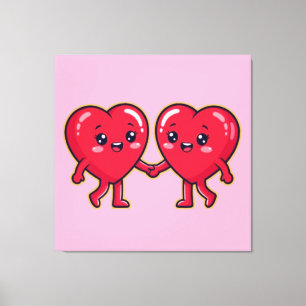 Cute Heart Characters Holding Hands Canvas Print