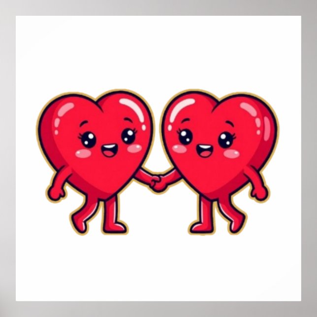 Cute Heart Characters Holding Hands Poster (Front)
