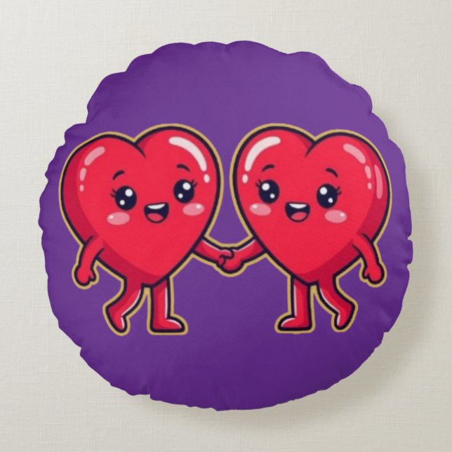 Cute Heart Characters Holding Hands Round Cushion (Front)