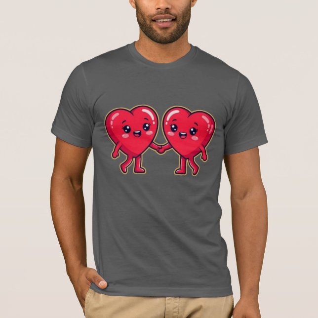 Cute Heart Characters Holding Hands T-Shirt (Front)