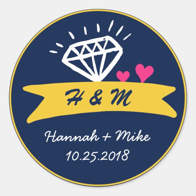 Cute Heart Diamond Wedding Favour Monogram Sticker (Front)