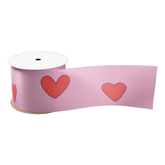 Cute Heart Drawings On Pink Satin Ribbon (Spool)