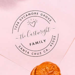 Cute Heart & Elegant Script Family Return Address Rubber Stamp