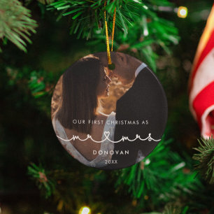 Cute Heart Font First Christmas as Mr & Mrs Photo Ceramic Tree Decoration