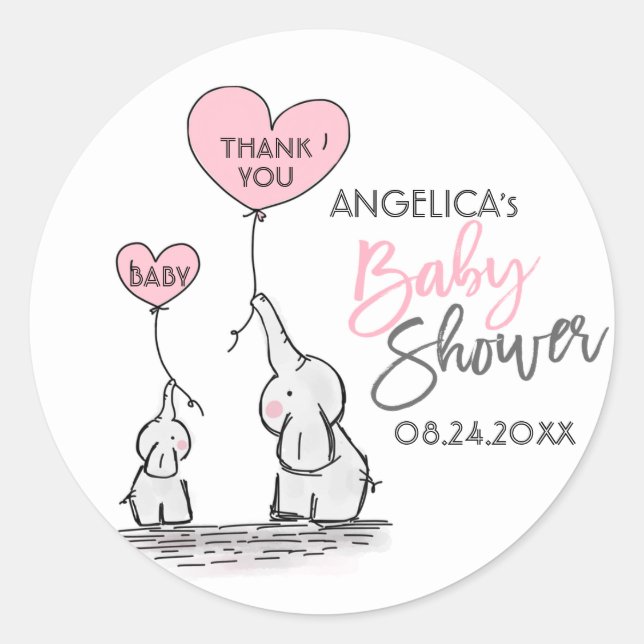 Cute Heart Girl Pink Elephant Mummy & Baby Shower Classic Round Sticker (Front)