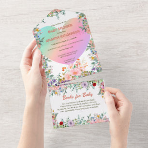 Cute Heart gradient watercolor floral baby shower All In One Invitation
