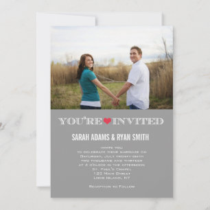 Cute Heart Grey Red Wedding Photo Invitations