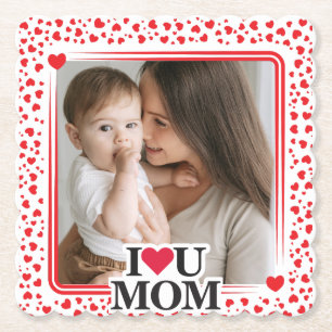 Cute HEART I LOVE YOU MOM Mother's Day Photo Gift Paper Coaster