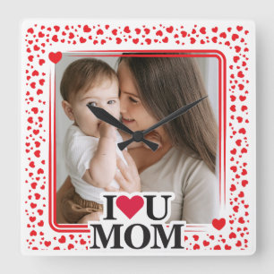 Cute HEART I LOVE YOU MOM Mother's Day Photo Gift Square Wall Clock