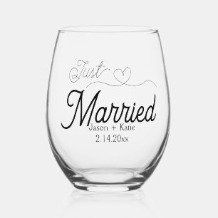 Cute Heart Just Married Script Names Wedding Day Stemless Wine Glass