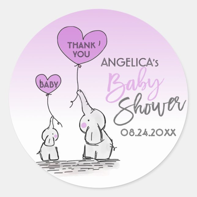 Cute Heart LAVENDER Elephant Mummy & Baby Shower Classic Round Sticker (Front)