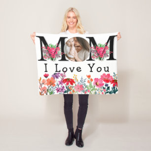 Cute HEART LOVE YOU MOM Mother's Day Photo Fleece Blanket
