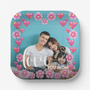 Cute HEART LOVE YOU MOM Mother's Day Photo  Paper Plate