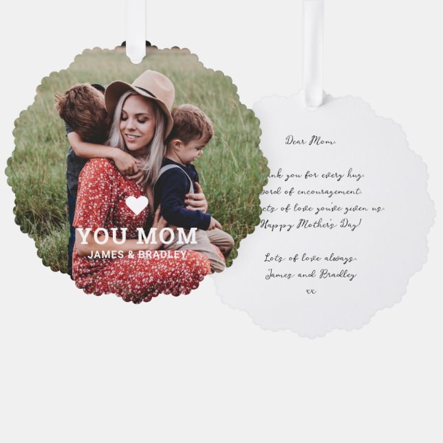Cute HEART LOVE YOU MOM Mother's Day Photo Tree Decoration Card (Front/Back)