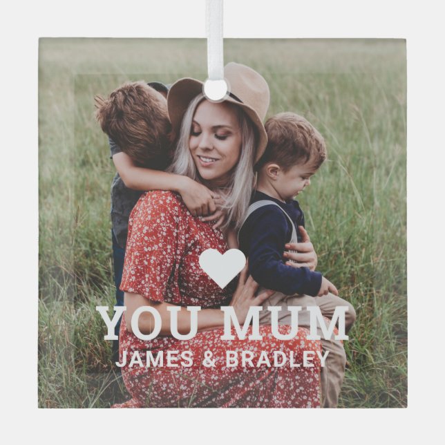 Cute Heart Love You Mum Mother's Day Photo Glass Tree Decoration (Front)