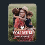 Cute HEART LOVE YOU MUM Mother's Day Photo Magnet<br><div class="desc">Cute Heart Love You Mum Mother's Day Photo Magnets features your favourite photo with the text "(love heart) you Mum" in modern white script with your names below. On the reverse personalise with your own message and add an additional photo. Edit the text to suit different occassions such as Christmas,...</div>