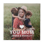 Cute Heart Love You Mum Mother's Day Photo Tile<br><div class="desc">Cute Heart Love You Mum Mother's Day Photo Decorative Tiles features your favourite photo with the text "(love heart) you Mum" in modern white script with your names below. Personalise by editing the text in the text box provided and adding your own picture. Makes the perfect personalised gift for mum...</div>