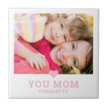 Cute Heart Love You Mum Mother's Day Photo Tile<br><div class="desc">Cute Heart Love You Mum Mother's Day Photo Decorative Tiles features your favourite photo with the text "(love heart) you Mum" in modern white script with your names below on a pink background. Personalise by editing the text in the text box provided and adding your own picture. Makes the perfect...</div>