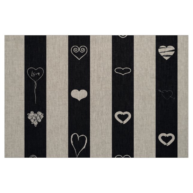 Cute Heart Modern Black White Stripe Fabric (Fat Quarter)