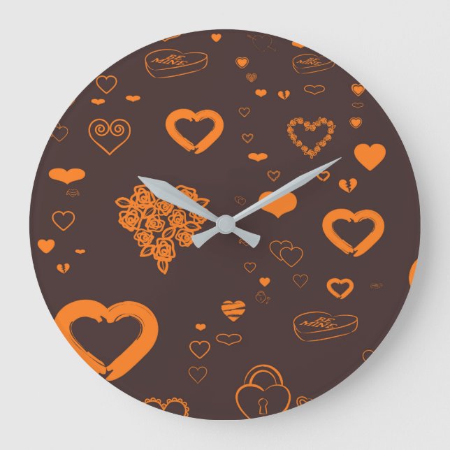 Cute Heart Modern Orange Pattern Large Clock (Front)