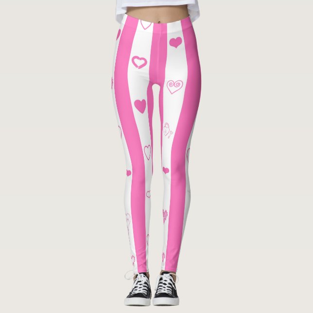 Cute Heart Modern Pink Stripe Leggings (Front)