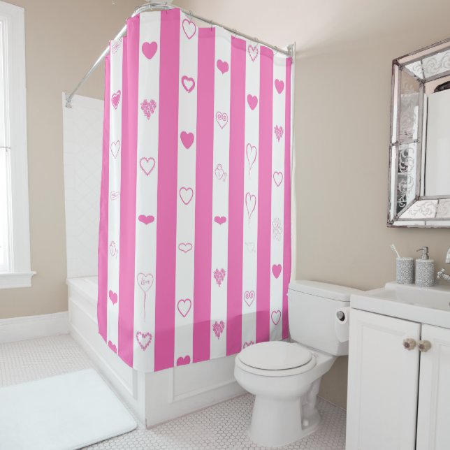 Cute Heart Modern Pink Stripe Shower Curtain (In Situ)