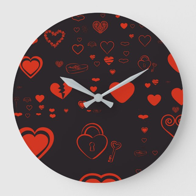 Cute Heart Modern Red Pattern Large Clock (Front)