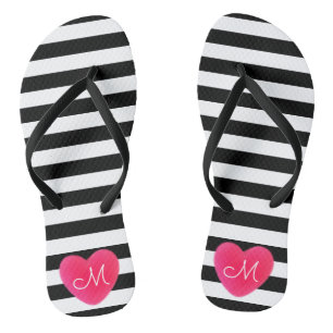 Cute Heart Monogram with Black and White Stripes Jandals
