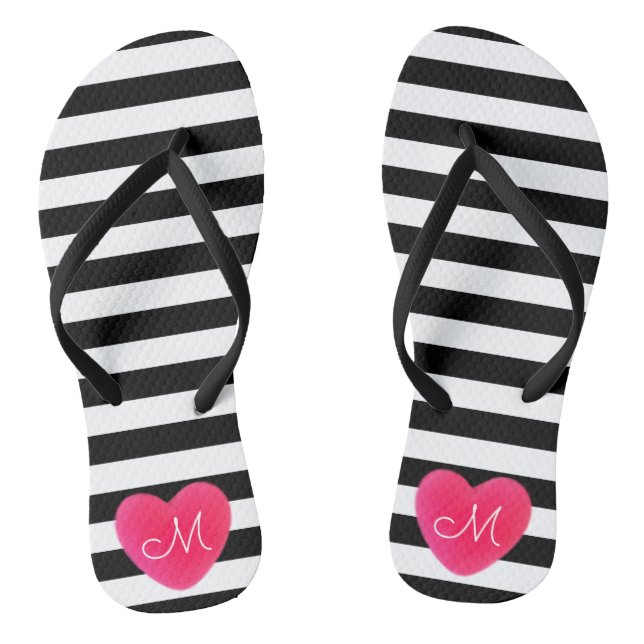 Cute Heart Monogram with Black and White Stripes Jandals (Footbed)