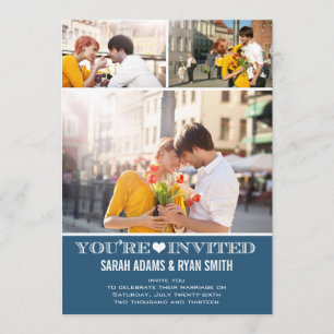 Cute Heart Navy Wedding Three Photo Invitation