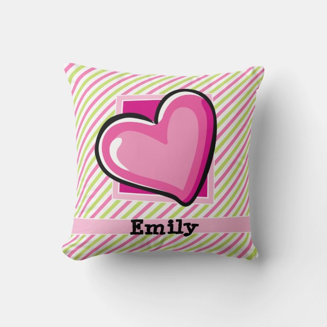 Cute Heart on Pink & Lime Green Stripes Cushion (Front)