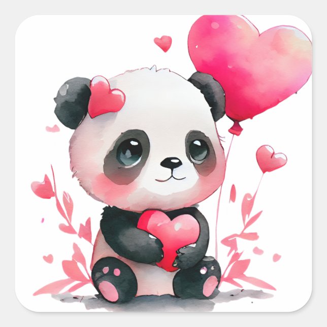 Cute Heart Panda Bear Valentine Square Sticker (Front)